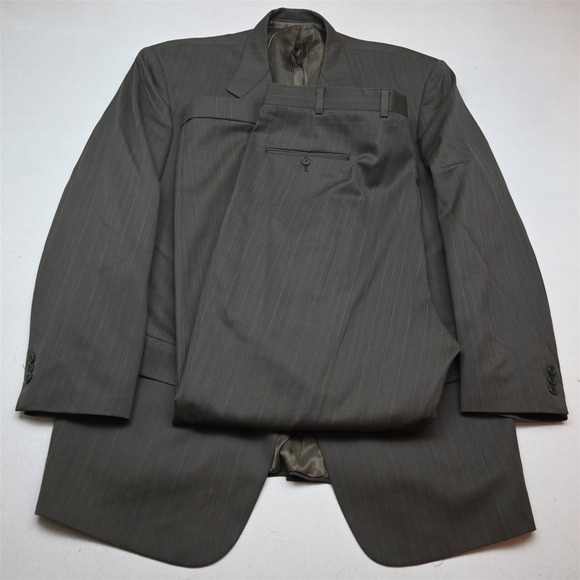 Vtg USA Made 48R 40x32 Tan Brown Striped Wool Mens Jacket Pants Suit